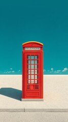 Pop heritage flashback icon remix art, heritage flashback remix, heritage flashback collage Classic red telephone booth on a clear day.