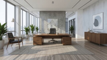 Fototapeta premium Modern Minimalist Office with City View and Natural Light