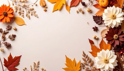 Autumn leaves and flowers arrangement seasonal decor flat lay warm colors creative background for fall inspiration