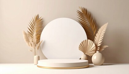 Minimalist decorative display of natural elements on round platform in neutral tones for modern home decor inspiration