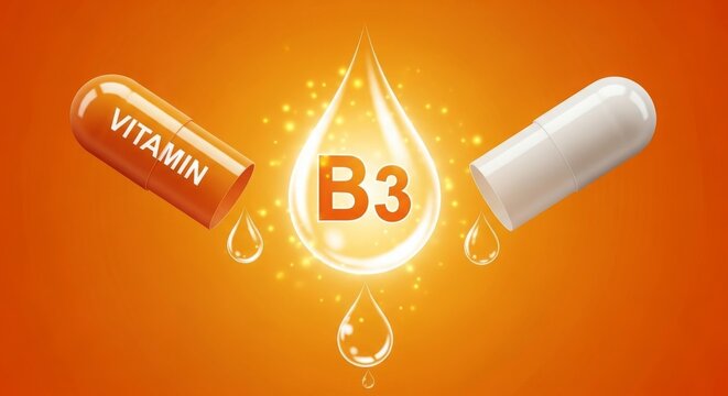 Vibrant illustration of Vitamin B3 capsules with a glowing drop, emphasizing health benefits