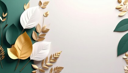 Elegant botanical arrangement of golden and green leaves studio background digital artwork minimalist aesthetic top-down view nature-inspired design