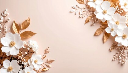 Elegant floral arrangement with white flowers and gold accents soft background digital art aesthetic design top-down view modern concept