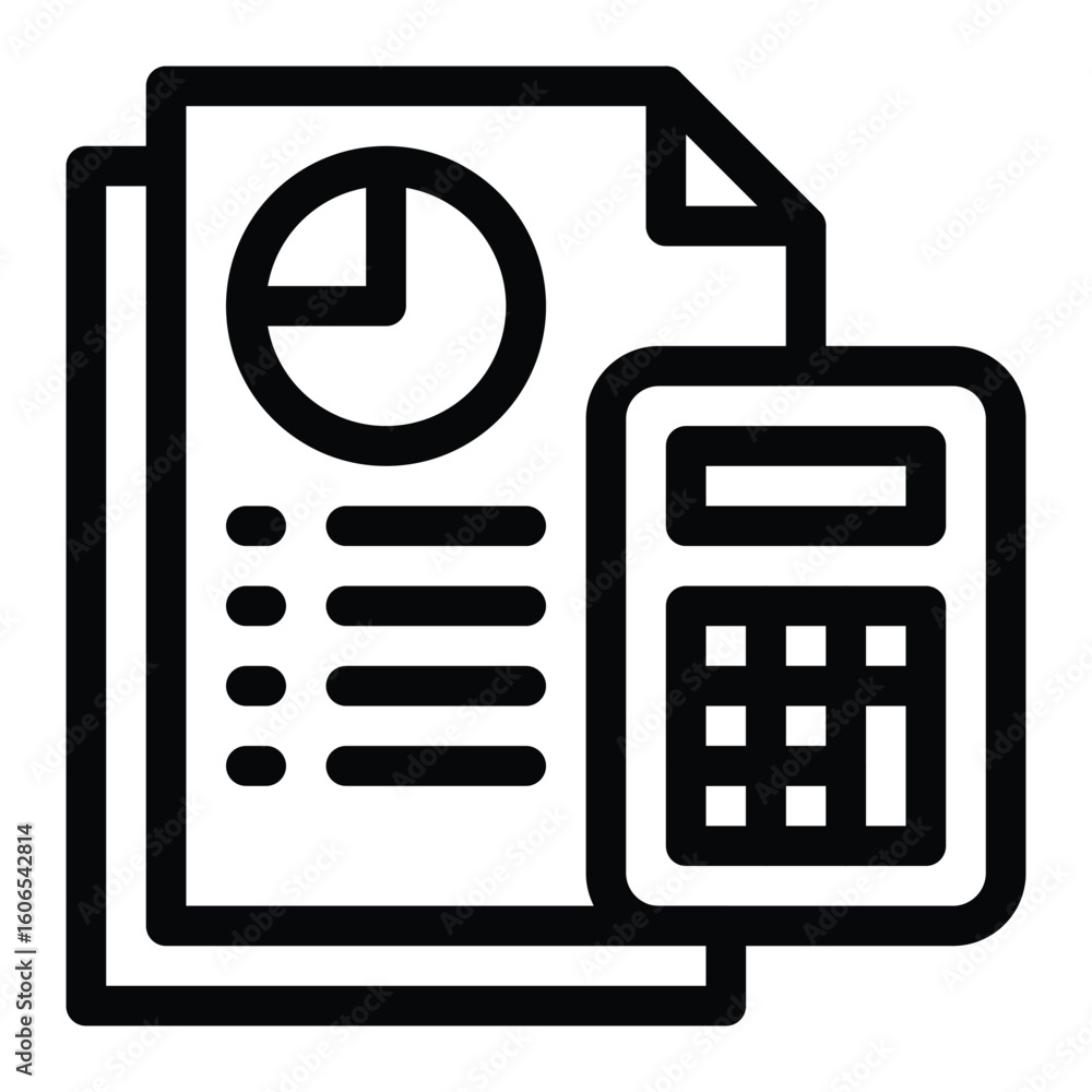 Poster icon featuring a document with pie chart and lines next to a calculator all in black