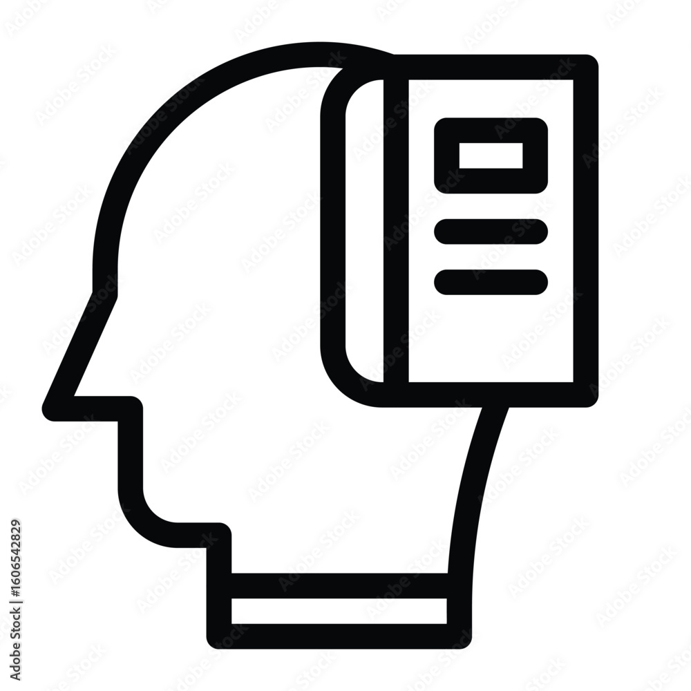 Poster graphic icon head outline with a bookshaped box filled with lines placed where the brain would be