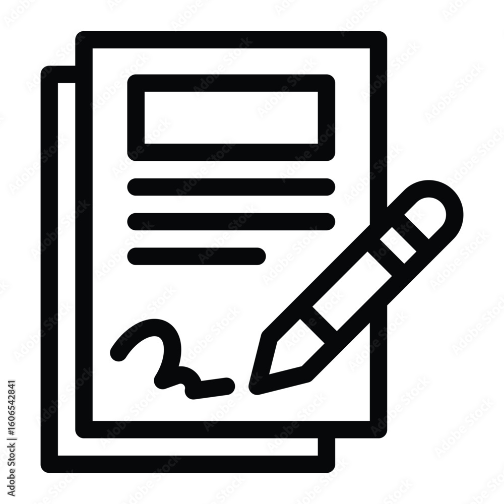 Poster contract icon with document pen and signature outlined in black