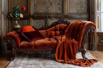An antique Victorian chaise lounge with intricate carved woodwork, draped with an elegant velvet throw in rich jewel tones 