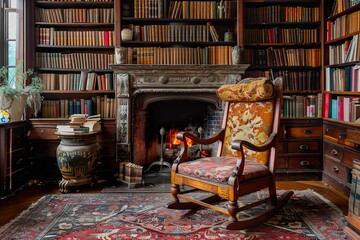 A hand-carved wooden rocking chair with faded upholstery, placed beside a fireplace in a room with antique bookshelves filled with old classics -