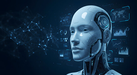 Futuristic Android Head with Advanced AI Interface and Digital Network