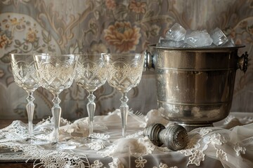 A set of antique crystal champagne glasses, each etched with floral patterns, placed on a vintage lace tablecloth beside a silver ice bucket 