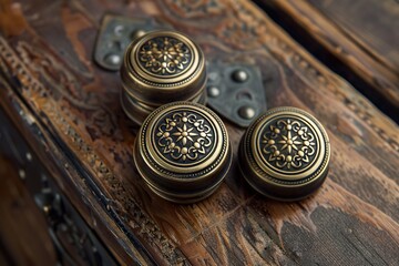 A set of vintage brass door knobs with intricate designs, resting on an antique wooden cabinet door that is slightly ajar