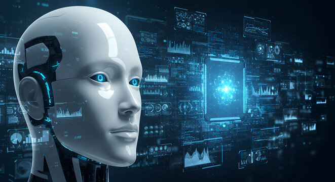 AI Humanoid Robot Head with Blue Holographic Interface and Data Visualizations