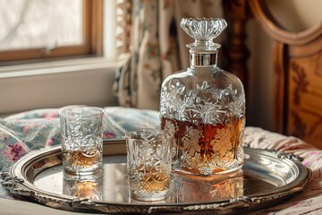 A vintage silver-plated tray, engraved with floral patterns, holding a crystal decanter and two glass tumblers in a warm, inviting room