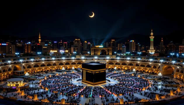 a night time view of the grand mosque in mecca, known as the kaaba, with its white cube structure illuminated at the center