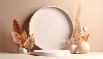 Fototapeta premium Elegant minimalist display setup featuring natural elements studio environment decorative arrangement contemporary viewpoint aesthetic concept