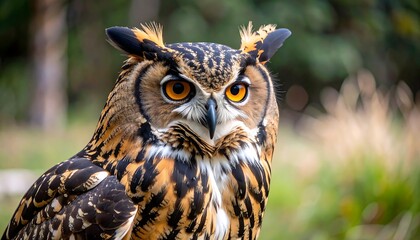 Fototapeta premium Magnificent Eurasian Eagle Owl Portrait with Piercing Orange Eyes in Nature