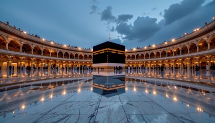 a grand mosque at dusk, viewed from a distance that emphasizes its architectural beauty