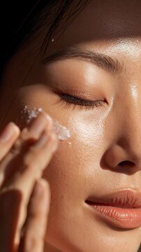 Elegant portrait of an Asian woman with glowing skin and natural make-up. Perfect for beauty, skincare, and cosmetics promotions, showcasing high-quality and natural beauty concept