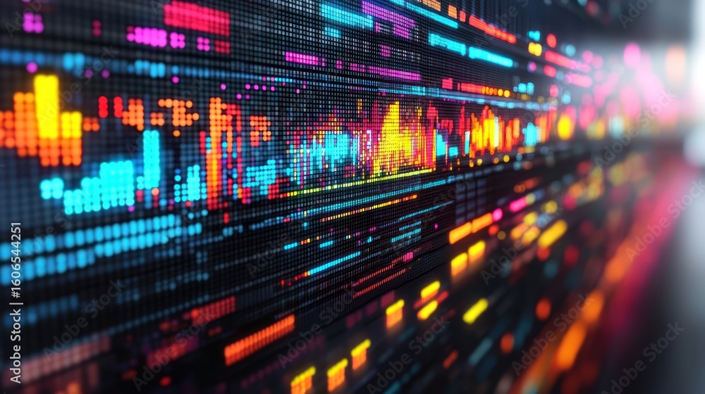 Poster abstract colorful data streams, blocks, bars, and lines with blurred background