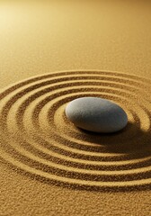 A solitary stone rests in a meticulously raked sand garden, radiating tranquility.