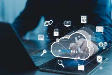 Cloud computing and data security concept with digital network connections, secure file transfer, and cloud-based technology integration in a modern business environment.