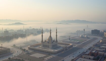 this is an aerial view of a city during dawn or early morning, as indicated by the soft, diffuse lighting