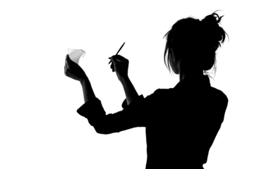 Woman using sticky notes on board vector illustration isoleted on white background in silhouette .