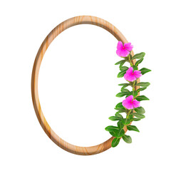 oval wooden frame with flowers on transparent background, suitable for photo frame, invitation or greeting card template