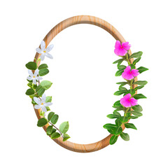 oval wooden frame with flowers on transparent background, suitable for photo frame, invitation or greeting card template