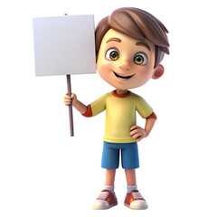 3D Render of a Smiling Boy Holding a Blank Sign