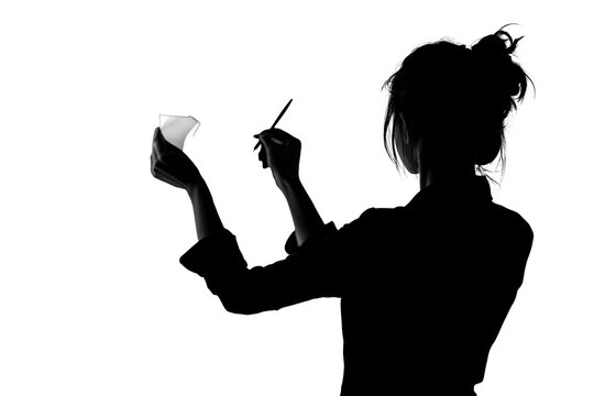 Woman using sticky notes on board vector illustration isoleted on white background in silhouette .