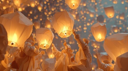Low-angle view of numerous glowing sky lanterns ascending into a twilight sky, held aloft by unseen figures in a low-polygonal art style