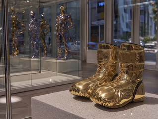 Golden boxing boots displayed prominently on a pedestal, with reflective surfaces and artistic mannequins in the background, showcasing a unique blend of art and sports culture