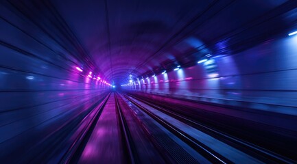 A dynamic, abstract image depicting motion within a neon-lit tunnel, showcasing vibrant purple and blue hues, creating a sense of speed and depth
