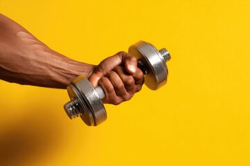 Close-up of a dark-skinned hand firmly gripping a metallic dumbbell against a vibrant yellow backdrop.  The image emphasizes strength and fitness