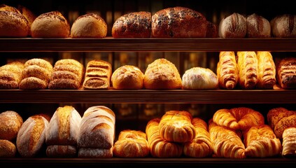 Various types of baked goods displayed on bakery shelves.