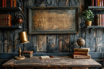 A vintage hand-painted wooden sign, hanging above an antique wooden desk, surrounded by old books and a brass lamp 