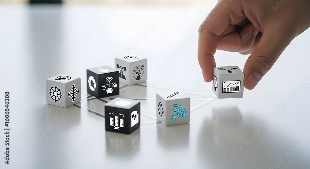 Aufkleber a human hand strategically placing a modular cube to build a connected network, symbolizing technolo