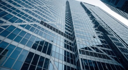 Modern skyscraper facade, reflecting sky and city