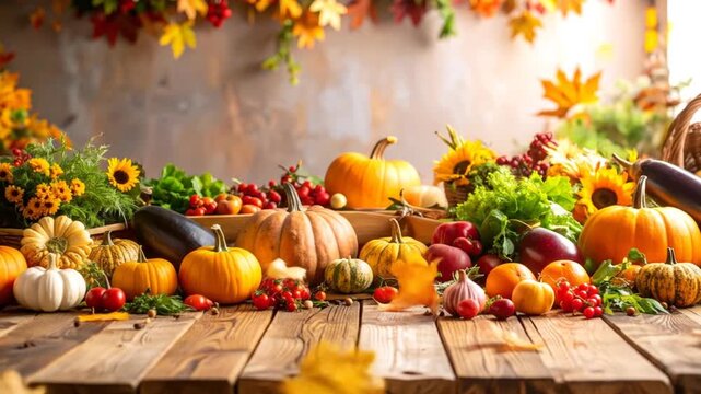 Autumn harvest bounty on a rustic wooden table