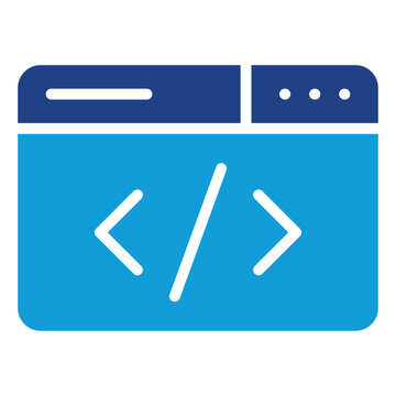 Code Editor Glyph Dual Tone Blue Silhouette Icon Vector Design - Browser window with coding symbols, representing source code editing or programming