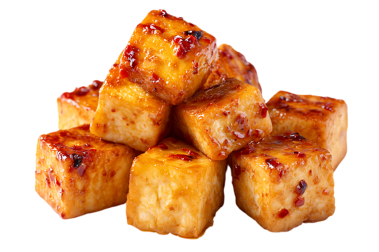 Golden brown fried tofu cubes coated in a glistening, spicy glaze on transparent background