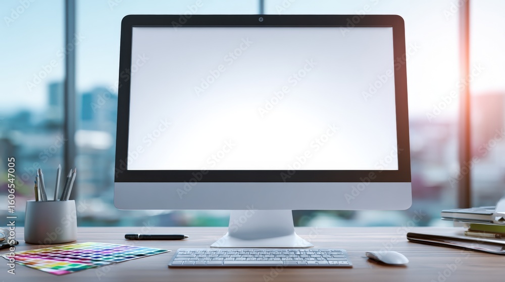 Poster modern computer monitor on a wooden desk with design tools, in a bright office setting with large wi