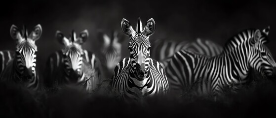 A group of zebras in striking black and white.