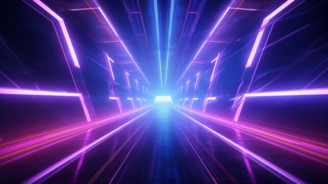 Futuristic space tunnel with purple and blue neon on dark background