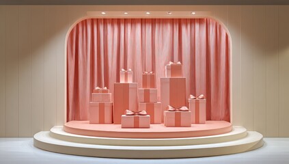 Pink gift boxes arranged on a stage-like display.