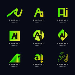 Collection of green AI initial vectors and modern tech company logos.