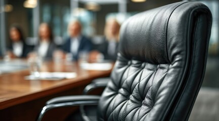 A close-up of a black leather executive chair in a blurred conference room setting, suggesting leadership and business meetings (1)