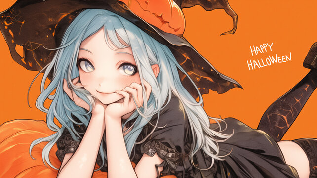 ハロウィン仮装で可愛らしくきめた少女のキャラクターイラスト｜帽子・マント・ランタンなどを取り入れたポップなデザイン｜10月のイベントやカード・バナー・POP素材として使える秋の絵