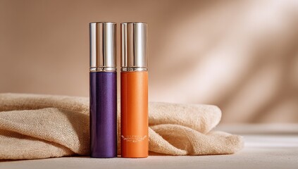 Two small, cylindrical bottles, one purple, one orange, with silver caps, sit on a beige surface. Beige cloth draped in the background